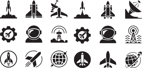 Rocket launch astronaut satellite gear globe airplane helmet