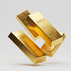 Four lustrous 1000-gram gold bars are elegantly suspended in a dynamic arrangement, embodying prosperity, luxury, and sound financial security for investors.