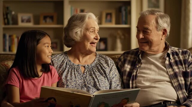 Close up grandparents sharing cultural folktales children cinematic handheld mixed heritage lifestyle stock video. elderly telling lore offspring familial narrative handheld