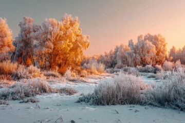 Frozen forest at sunrise.  Golden trees covered in frost