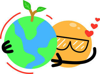 A cute mascot character with sunglasses embracing planet Earth with his heart. Perfect for environmental, ecological, sustainability, planet saving, and earth-loving concepts.