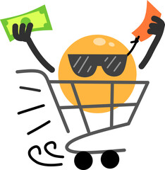 A cute mascot character in a shopping cart, holding money and bills. Perfect for online shopping, retail, e-commerce, consumerism, discounts, and lifestyle concepts.