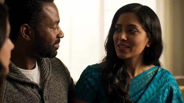 Close up mother telling folktale native language father translating cinematic handheld mixed family lifestyle stock video. parent narrating legend dialect interpreting filmic