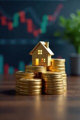 Digital house icon atop gold coin stacks, modern office setting , virtual, modern, success