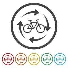 Bike with arrows icon. Set icons in color circle buttons