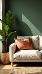 Earthy tones, sustainable wood furniture, plush linen sofa , simple, sofa