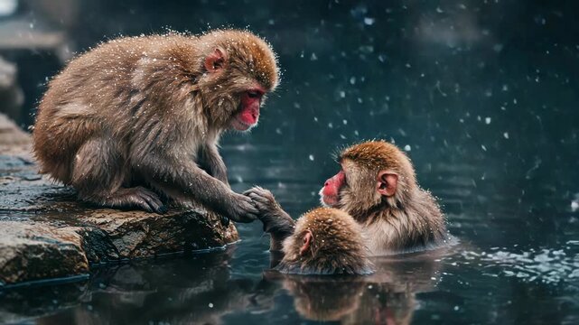 Two japanese macaques holding hands in a hot spring