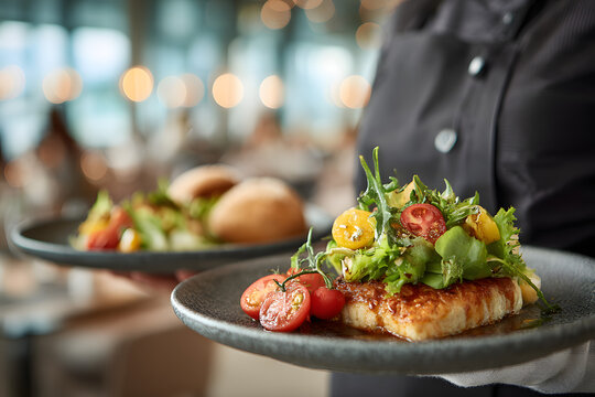 Waiter in white shirt serving two plates with gourmet food and fresh salad in a bright, modern restaurant interior. Selective focus on dishes