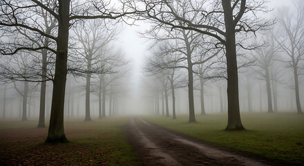 A foggy path through a forest with bare trees and a mysterious atmosphere in the early morning light ai generated