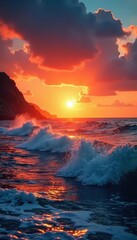 Fiery orange sunset paints the tranquil ocean waves, coastal, breathtaking, twilight