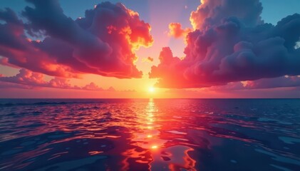 Fiery sunset paints sky, calm ocean reflects vibrant hues, light, beautiful