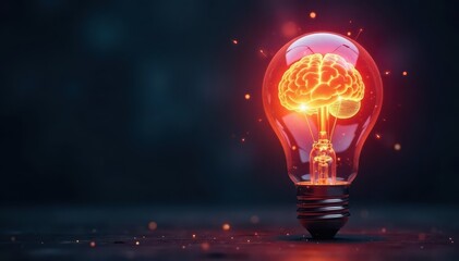 Glowing bulb with visible brain inside; sparking innovative ideas , knowledge, progress