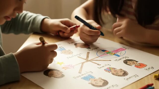 Close up siblings drawing family tree mixing diverse heritages cinematic handheld multicultural family stock video. kinfolk lineage chart creation mixed ethnicity handheld camera