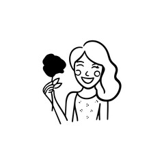 Black and white vector illustration of a beautiful woman holding a flower, minimal clean line art style