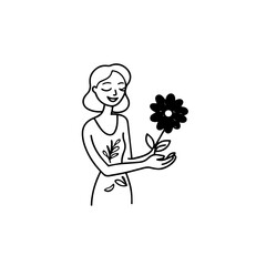 Black and white vector illustration of a beautiful woman holding a flower, minimal clean line art style