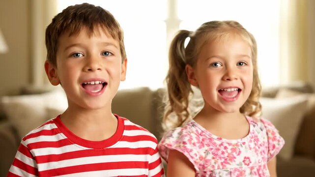 Close up siblings singing songs alternating two languages cinematic handheld bilingual family lifestyle stock video. kin vocalizing tune alternating tongue handheld camera