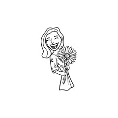 Black and white vector illustration of a beautiful woman holding a flower, minimal clean line art style