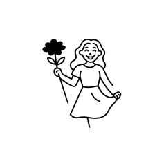 Black and white vector illustration of a beautiful woman holding a flower, minimal clean line art style