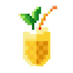 Fototapeta premium Refreshing pixel art pina colada pineapple drink with straw and leaves, perfect for summer vibes and retro gaming designs, fun and playful