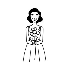 Black and white vector illustration of a beautiful woman holding a flower, minimal clean line art style