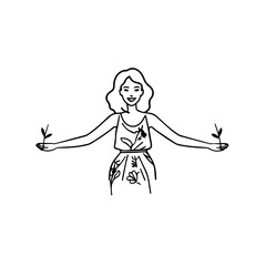 Black and white vector illustration of a beautiful woman holding a flower, minimal clean line art style