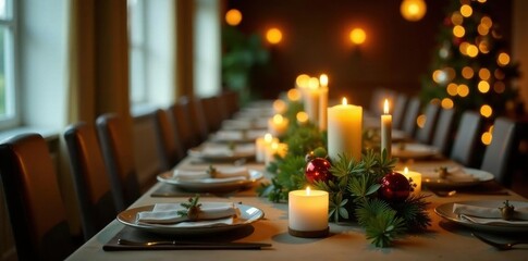 Long festive table, warm lighting, greenery centerpiece , christmas, minimal, modern