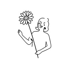 Black and white vector illustration of a beautiful woman holding a flower, minimal clean line art style