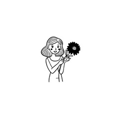 Black and white vector illustration of a beautiful woman holding a flower, minimal clean line art style