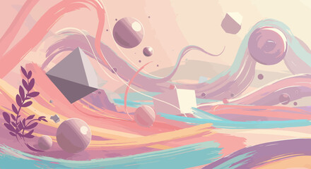 A vibrant digital illustration showcasing a fantastical landscape of floating geometric islands, where abstract 2D shapes seamlessly merge with minimalist 3D structures in an ethereal, dreamlike.