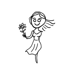 Black and white vector illustration of a beautiful woman holding a flower, minimal clean line art style