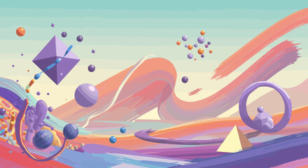 A vibrant digital illustration showcasing a fantastical landscape of floating geometric islands, where abstract 2D shapes seamlessly merge with minimalist 3D structures in an ethereal, dreamlike.