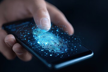 Hand holding smartphone with glowing fingerprint scan