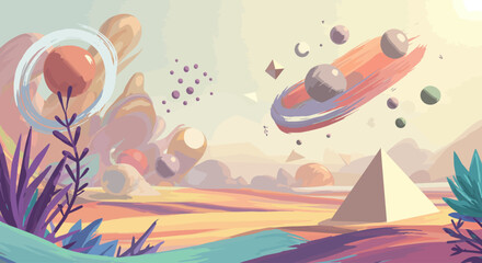 A vibrant digital illustration showcasing a fantastical landscape of floating geometric islands, where abstract 2D shapes seamlessly merge with minimalist 3D structures in an ethereal, dreamlike.