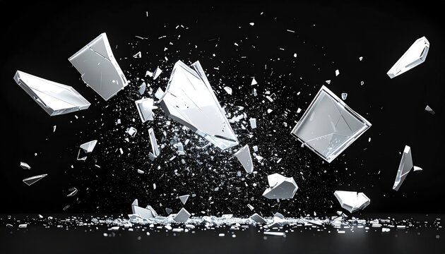 Shattered glass fragments explode on black background (1)