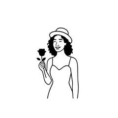 Black and white vector illustration of a beautiful woman holding a flower, minimal clean line art style