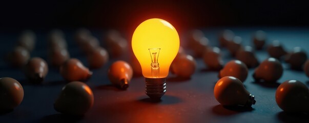 One glowing bulb surrounded by dormant bulbs, dramatic lighting, still life, spotlight
