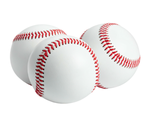 Three baseballs, white leather, red stitching, close-up