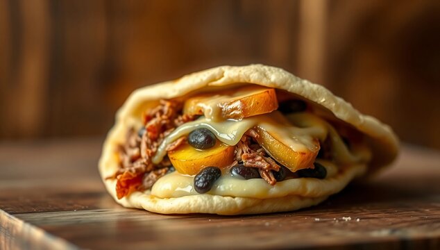 arepa pabellon shredded beef arepa arepa with meat venezuelan food cornmeal bread black beans filling sweet plantains latin american cuisine south american food
