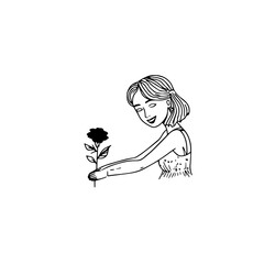 Black and white vector illustration of a beautiful woman holding a flower, minimal clean line art style