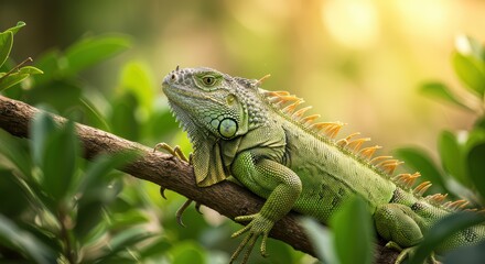 Obraz premium Iguana Lying on Tree in Tropical Jungle