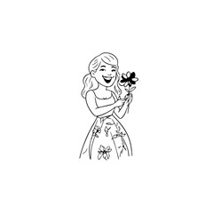 Black and white vector illustration of a beautiful woman holding a flower, minimal clean line art style