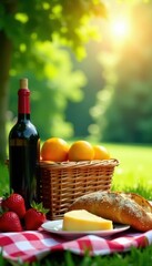 Sunny day, picnic basket, wine, cheese, fruit, bread, nature, al fresco