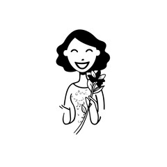 Black and white vector illustration of a beautiful woman holding a flower, minimal clean line art style