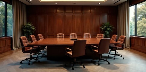 Vast mahogany conference table dominates spacious room, meeting, room