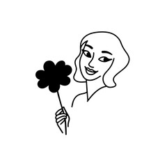 Black and white vector illustration of a beautiful woman holding a flower, minimal clean line art style