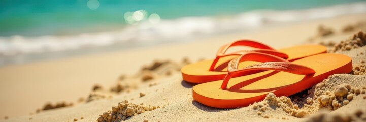 Two pairs orange flip-flops, sun-kissed beach sand, ocean, sunshine
