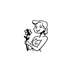 Black and white vector illustration of a beautiful woman holding a flower, minimal clean line art style
