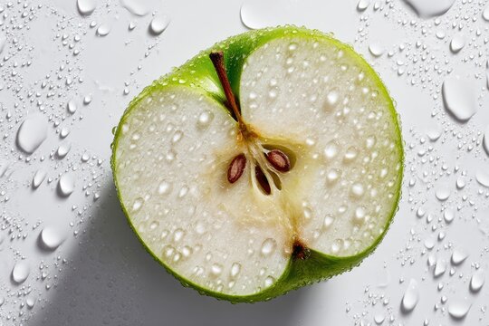 Close-up of a halved green apple with water droplets - Powered by Adobe