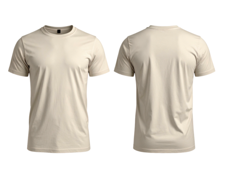 Cream-colored, blank, men's short-sleeve t-shirt, front and back views