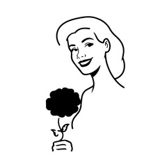 Black and white vector illustration of a beautiful woman holding a flower, minimal clean line art style